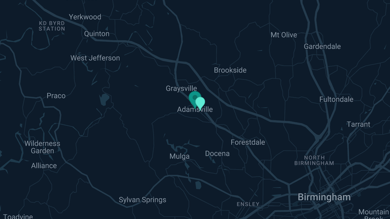 Map of Adamsville, Alabama — 3 documented asbestos exposure sites