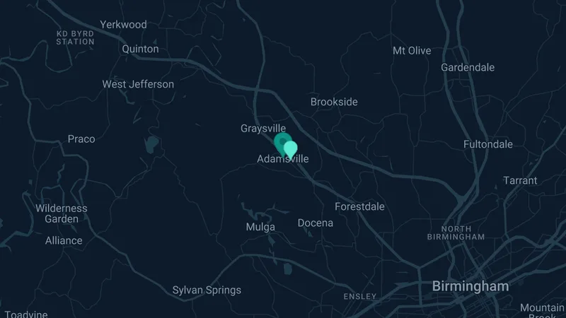 Map of Adamsville, Alabama: 3 documented asbestos exposure sites