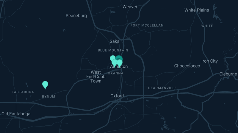 Map of Anniston, Alabama — 7 documented asbestos exposure sites