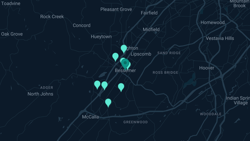Map of Bessemer, Alabama — 22 documented asbestos exposure sites