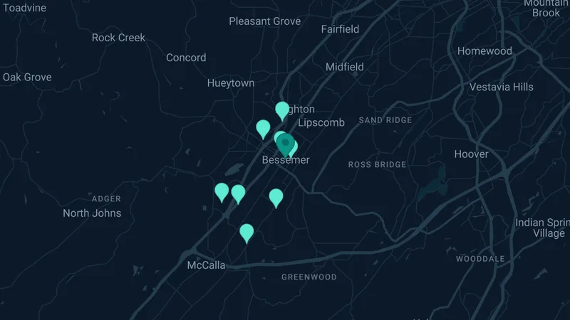 Map of Bessemer, Alabama: 22 documented asbestos exposure sites