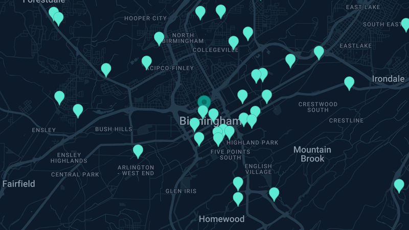 Map of Birmingham, Alabama — 245 documented asbestos exposure sites