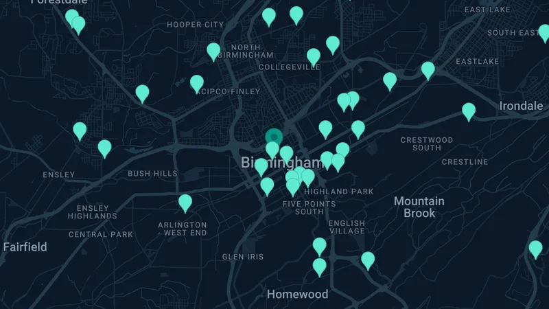 Map of Birmingham, Alabama: 245 documented asbestos exposure sites