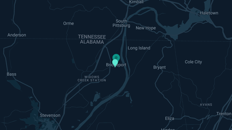 Map of Bridgeport, Alabama — 2 documented asbestos exposure sites