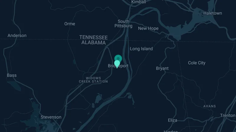 Map of Bridgeport, Alabama: 2 documented asbestos exposure sites
