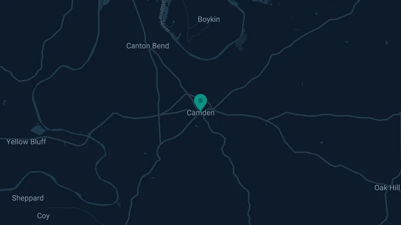 Map of Camden, Alabama: 2 documented asbestos exposure sites