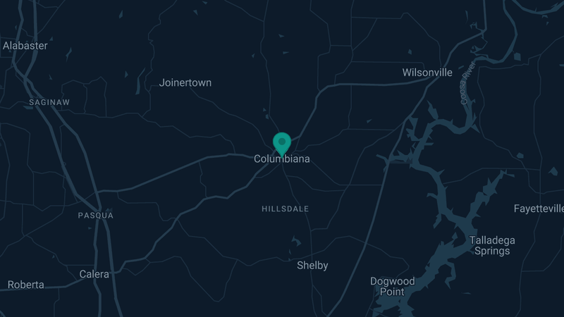 Map of Columbiana, Alabama — 2 documented asbestos exposure sites