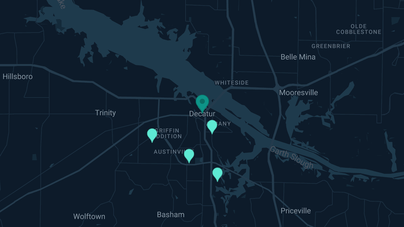 Map of Decatur, Alabama — 8 documented asbestos exposure sites