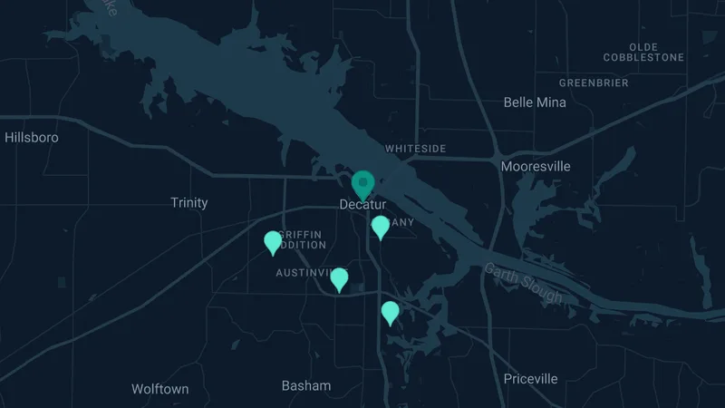 Map of Decatur, Alabama: 8 documented asbestos exposure sites