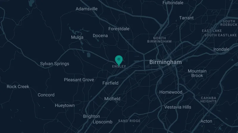 Map of Ensley, Alabama: 2 documented asbestos exposure sites