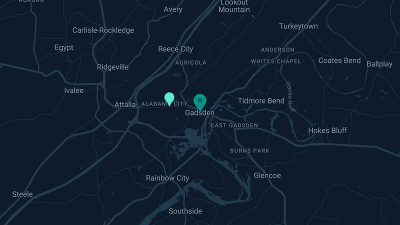 Map of Gadsden, Alabama — 4 documented asbestos exposure sites