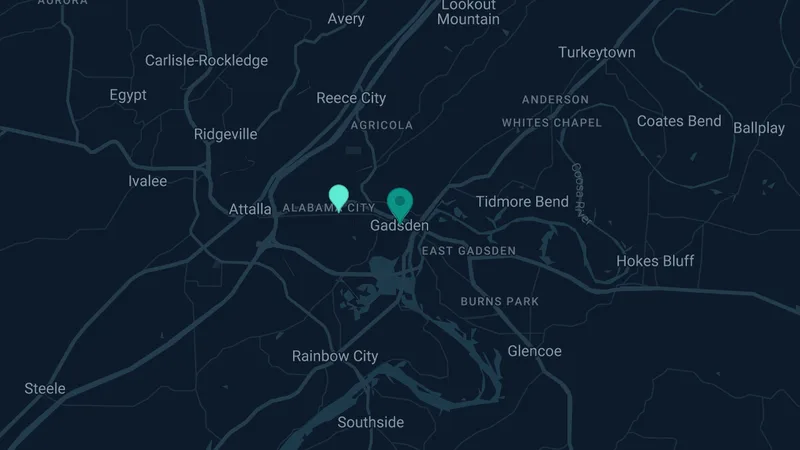 Map of Gadsden, Alabama: 4 documented asbestos exposure sites