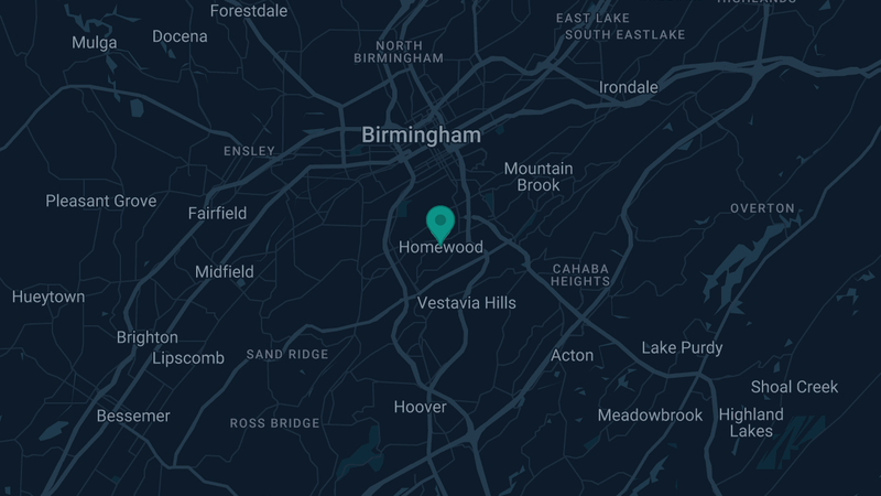 Map of Homewood, Alabama — 2 documented asbestos exposure sites