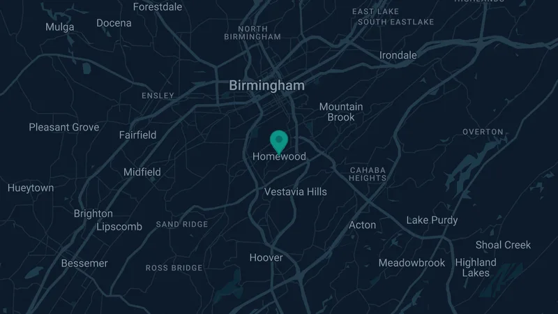 Map of Homewood, Alabama: 2 documented asbestos exposure sites