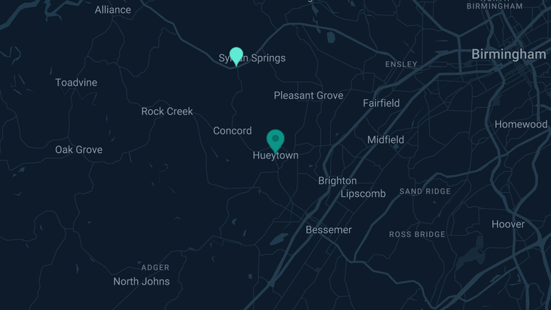 Map of Hueytown, Alabama — 5 documented asbestos exposure sites