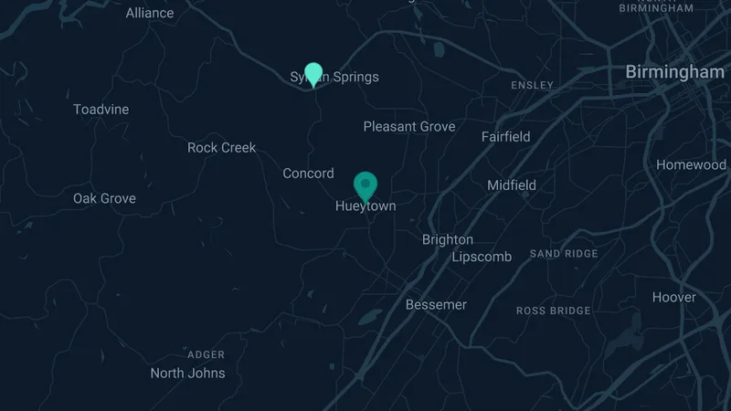Map of Hueytown, Alabama: 5 documented asbestos exposure sites