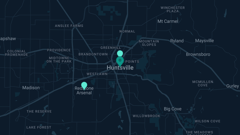 Map of Huntsville, Alabama — 6 documented asbestos exposure sites