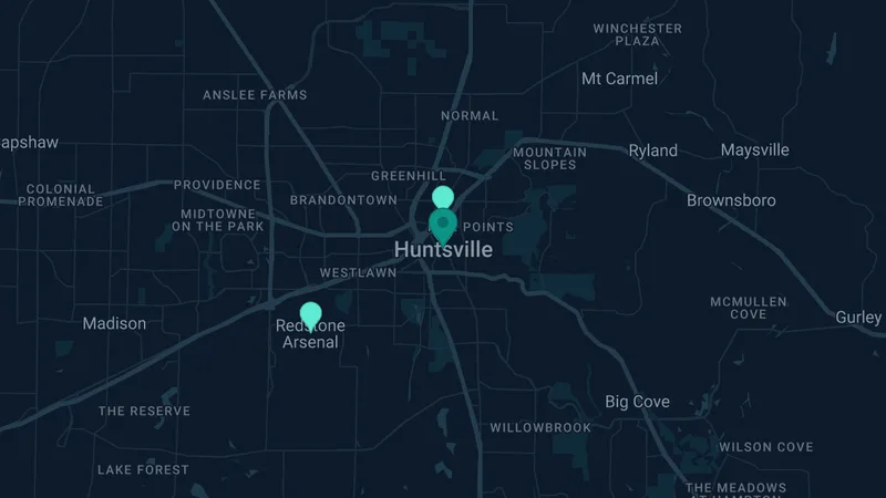 Map of Huntsville, Alabama: 6 documented asbestos exposure sites
