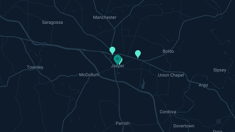 Map of Jasper, Alabama — 7 documented asbestos exposure sites
