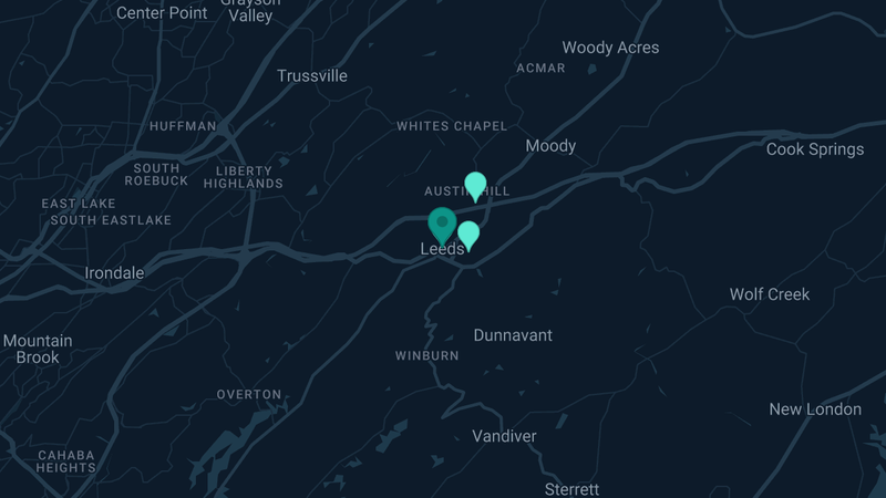 Map of Leeds, Alabama — 4 documented asbestos exposure sites