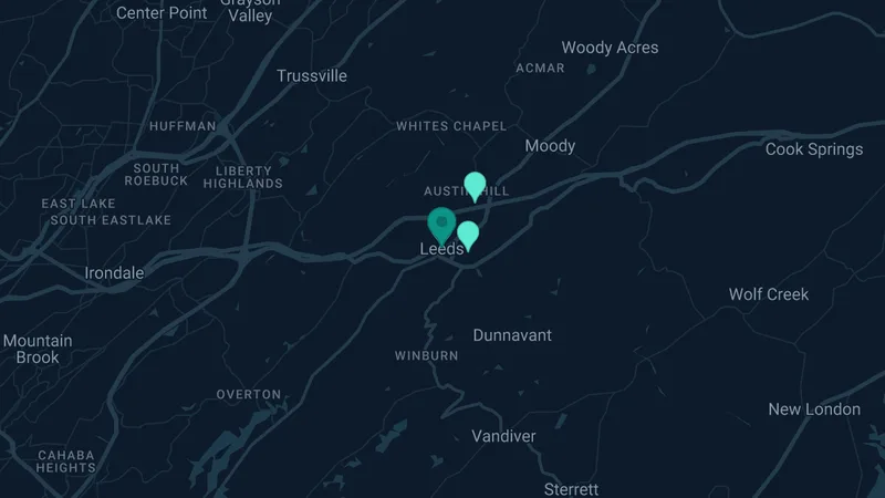 Map of Leeds, Alabama: 4 documented asbestos exposure sites