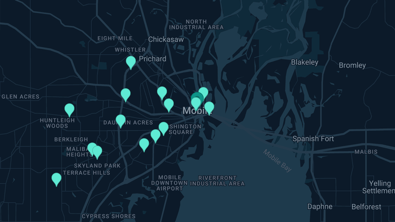 Map of Mobile, Alabama — 26 documented asbestos exposure sites