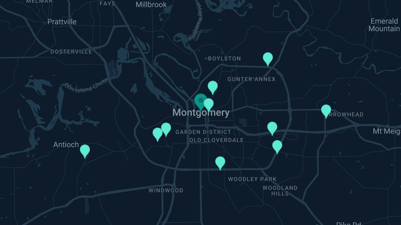 Map of Montgomery, Alabama — 10 documented asbestos exposure sites