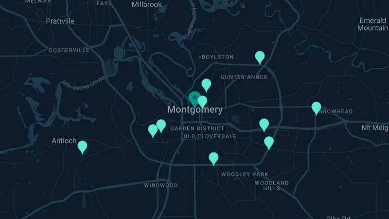 Map of Montgomery, Alabama: 10 documented asbestos exposure sites