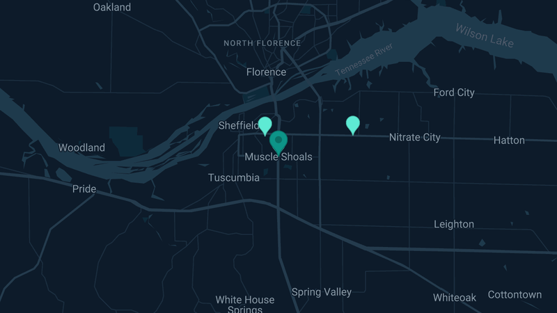 Map of Muscle Shoals, Alabama — 3 documented asbestos exposure sites