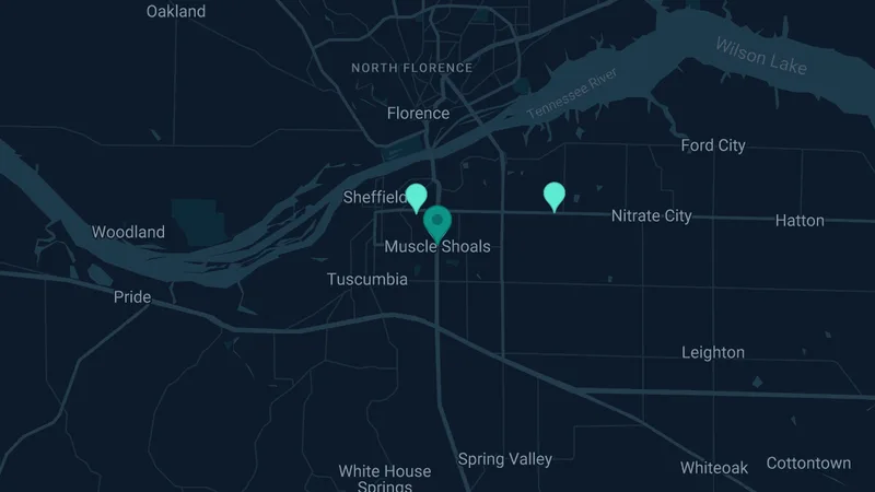 Map of Muscle Shoals, Alabama: 3 documented asbestos exposure sites