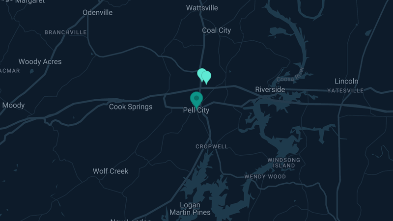 Map of Pell City, Alabama — 8 documented asbestos exposure sites