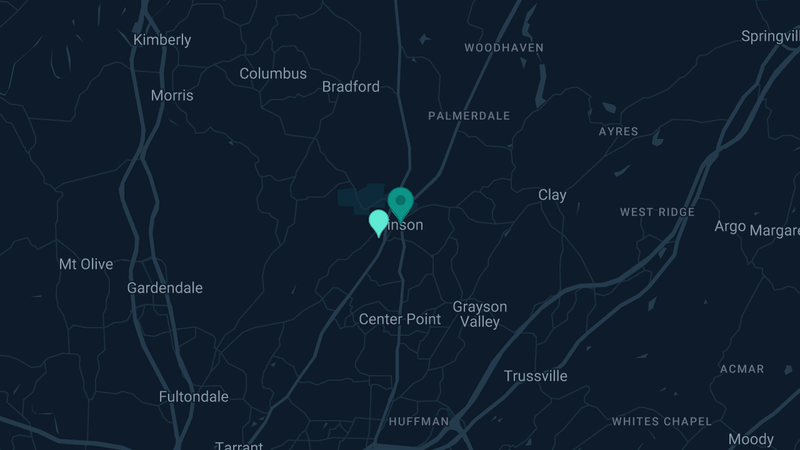 Map of Pinson, Alabama — 4 documented asbestos exposure sites