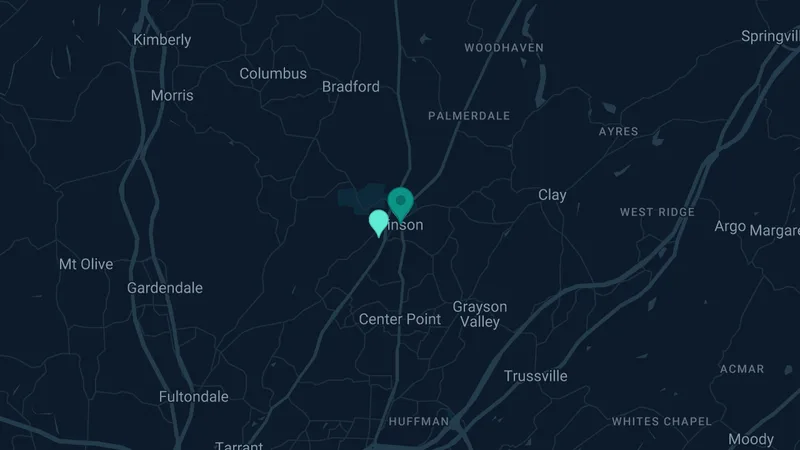 Map of Pinson, Alabama: 4 documented asbestos exposure sites