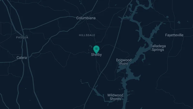 Map of Shelby, Alabama: 2 documented asbestos exposure sites