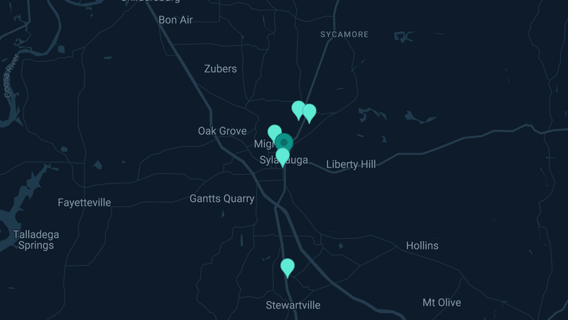 Map of Sylacauga, Alabama — 9 documented asbestos exposure sites