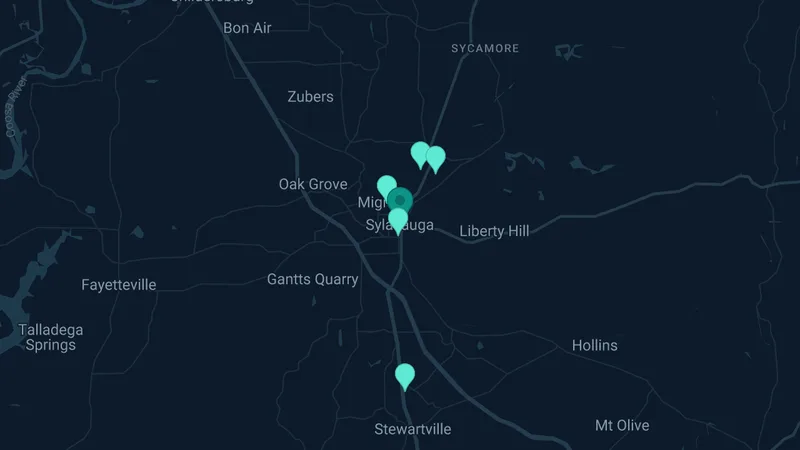 Map of Sylacauga, Alabama: 9 documented asbestos exposure sites