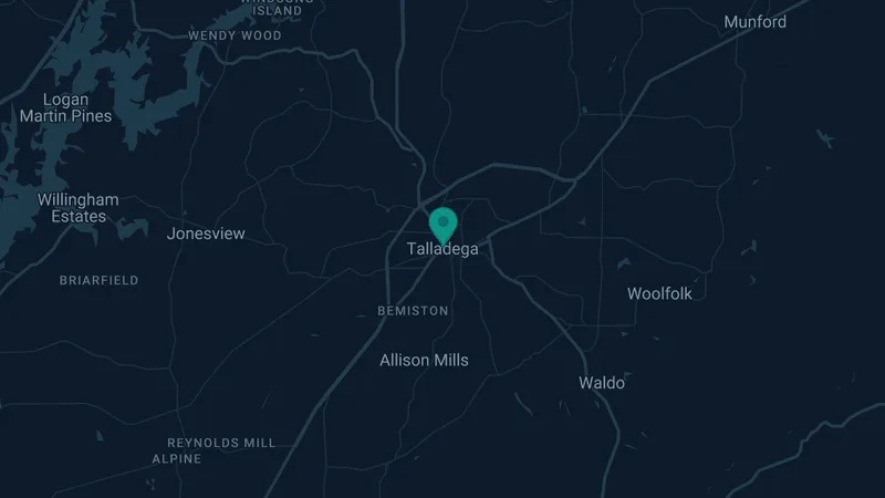 Map of Talladega, Alabama: 2 documented asbestos exposure sites