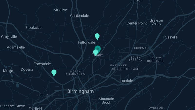 Map of Tarrant, Alabama — 5 documented asbestos exposure sites