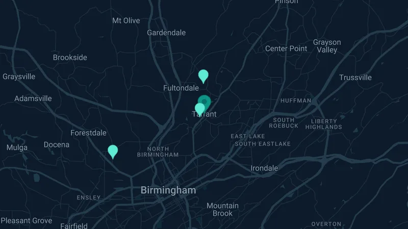 Map of Tarrant, Alabama: 5 documented asbestos exposure sites
