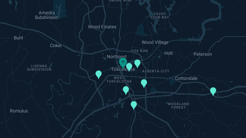 Map of Tuscaloosa, Alabama — 8 documented asbestos exposure sites
