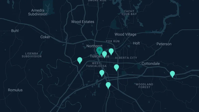 Map of Tuscaloosa, Alabama: 8 documented asbestos exposure sites