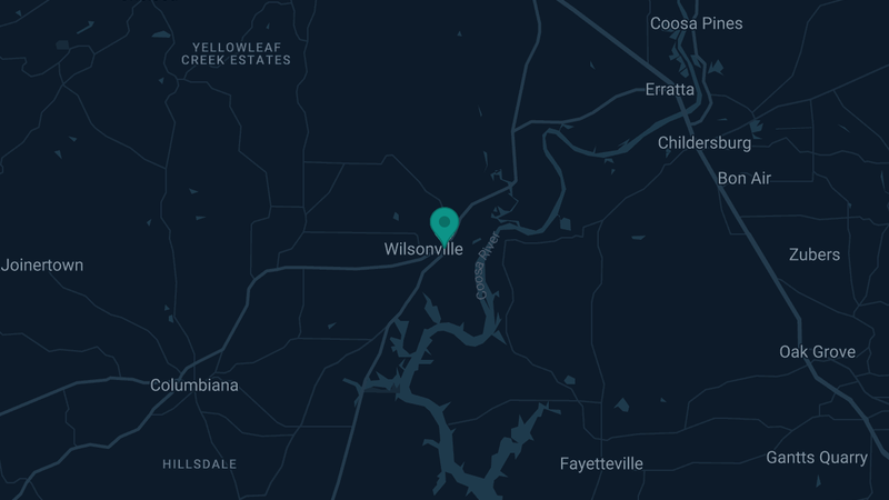 Map of Wilsonville, Alabama — 2 documented asbestos exposure sites