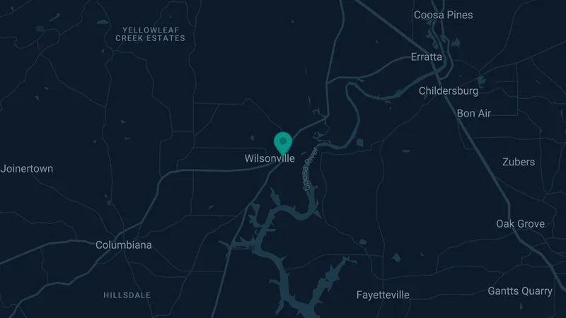 Map of Wilsonville, Alabama: 2 documented asbestos exposure sites