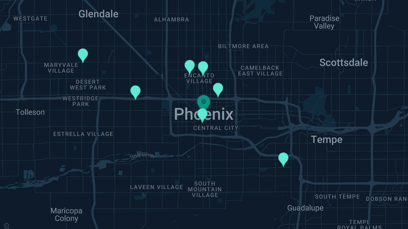 Map of Phoenix, Arizona — 10 documented asbestos exposure sites
