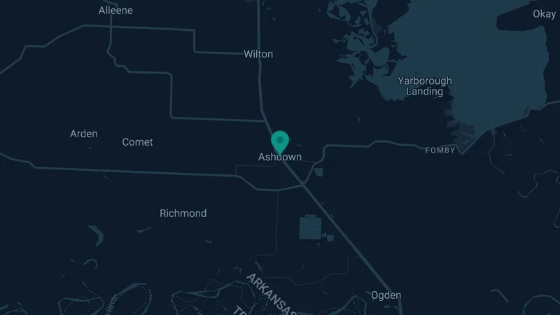 Map of Ashdown, Arkansas: 2 documented asbestos exposure sites