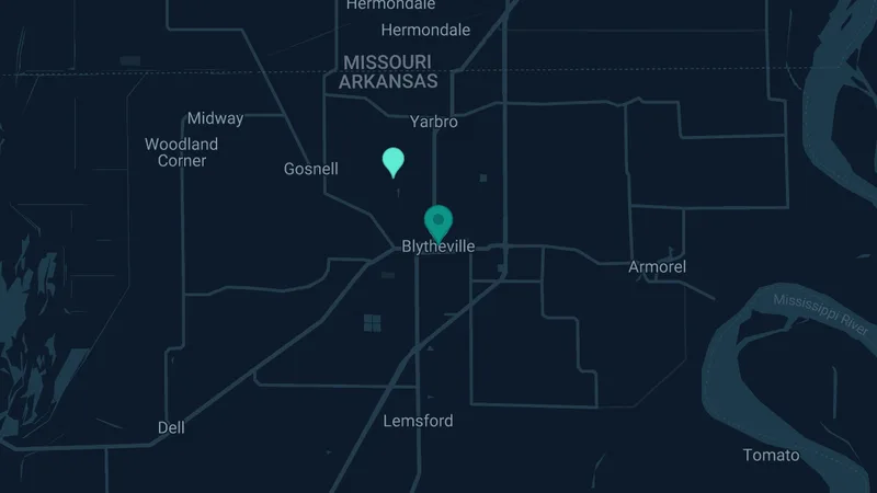 Map of Blytheville, Arkansas: 6 documented asbestos exposure sites