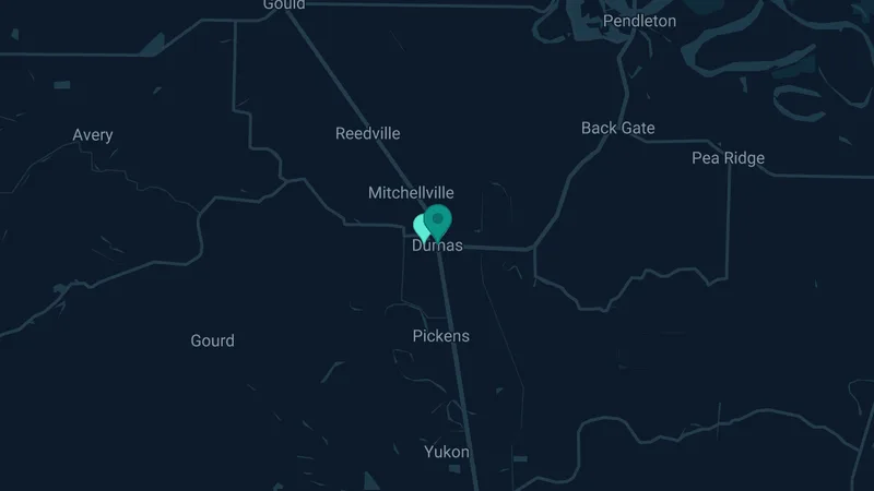Map of Dumas, Arkansas: 2 documented asbestos exposure sites
