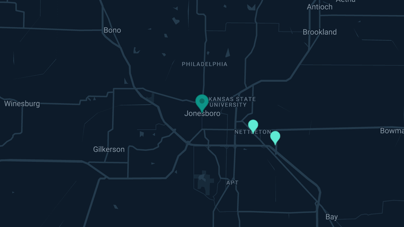 Map of Jonesboro, Arkansas — 2 documented asbestos exposure sites