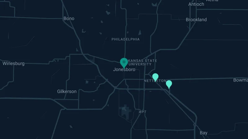 Map of Jonesboro, Arkansas: 2 documented asbestos exposure sites
