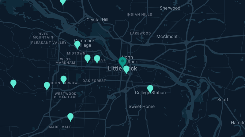 Map of Little Rock, Arkansas — 20 documented asbestos exposure sites